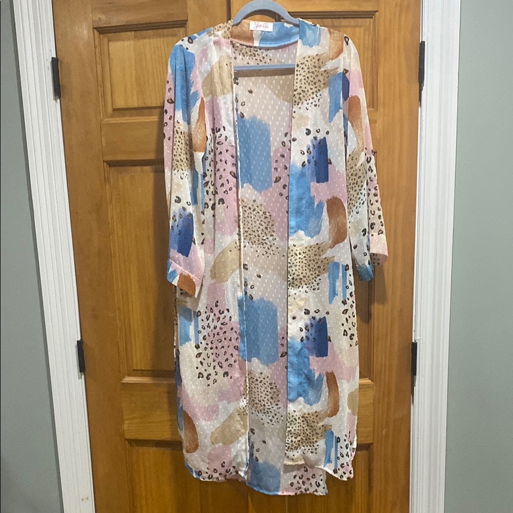 Blue and Pink Long Sleeve Resort Duster/Swimsuit Cover Up